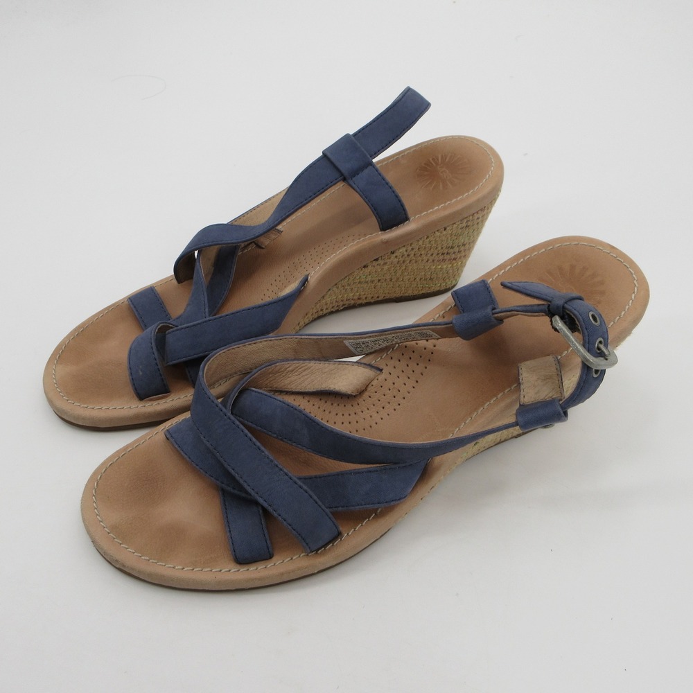 UGG Lucianna Blue Leather Strappy Woven Raffia Wedge Sandals 1002683 Womens 11